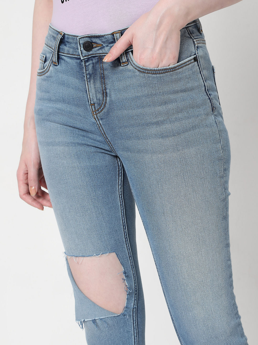 Blue Mid Rise Ripped Skinny Jeans - Image 5