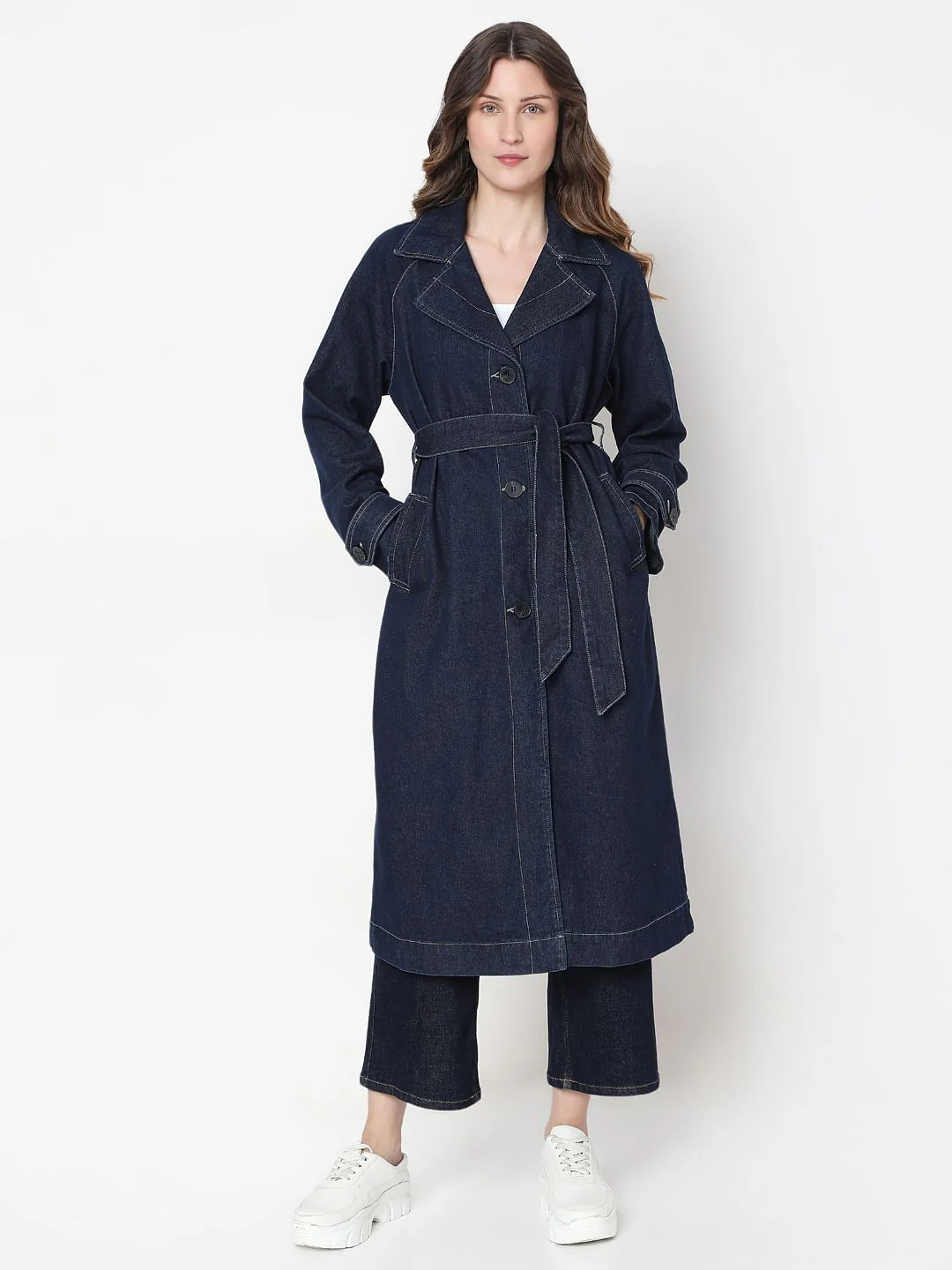 Dark Blue Long Denim Trench Coat - Image 2