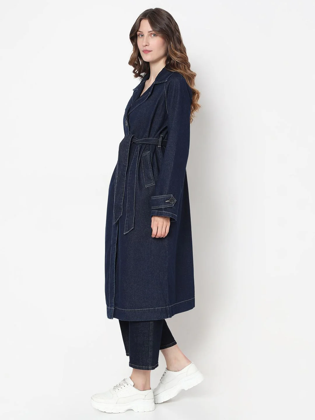 Dark Blue Long Denim Trench Coat - Image 3
