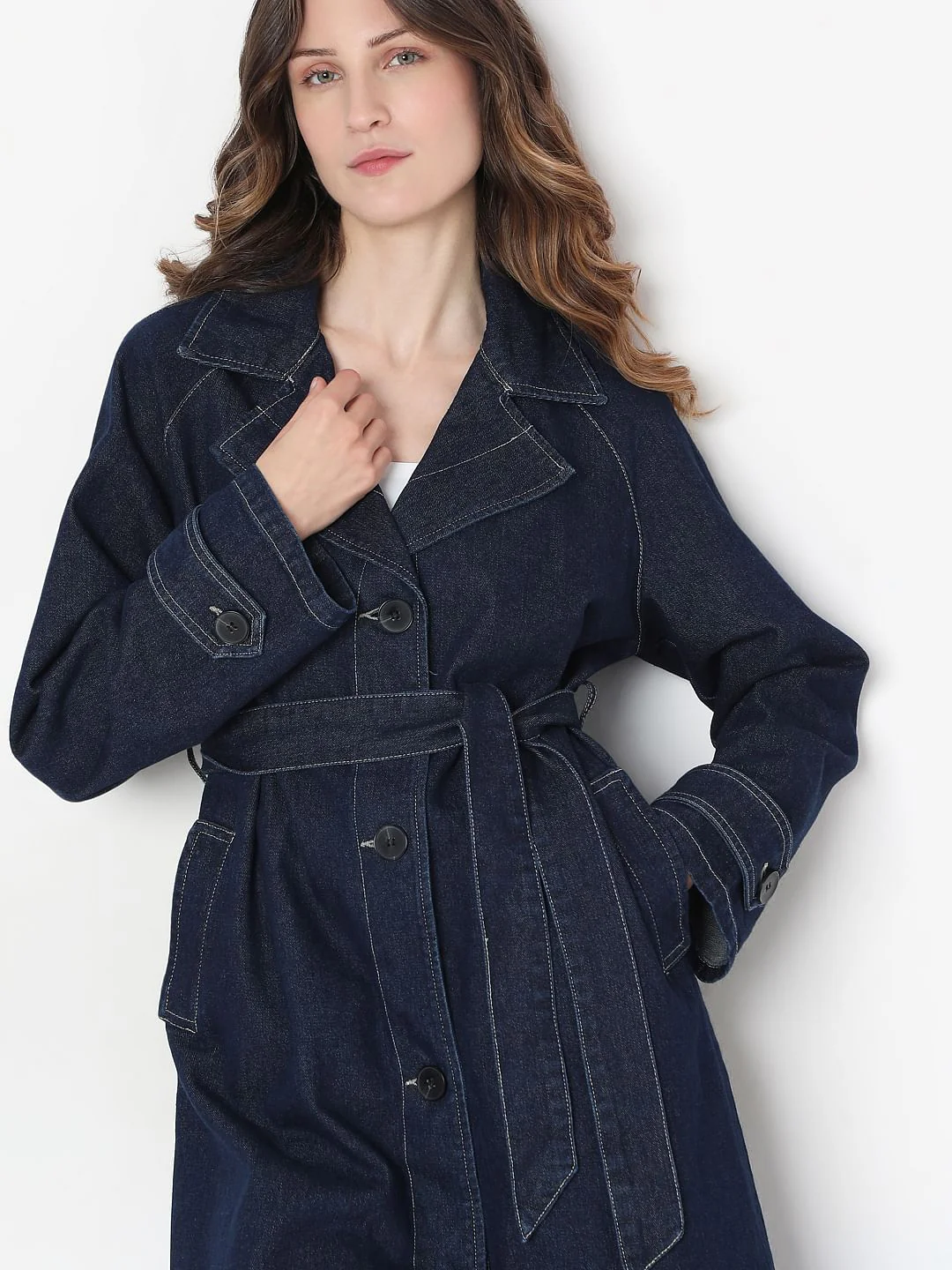 Dark Blue Long Denim Trench Coat - Image 5