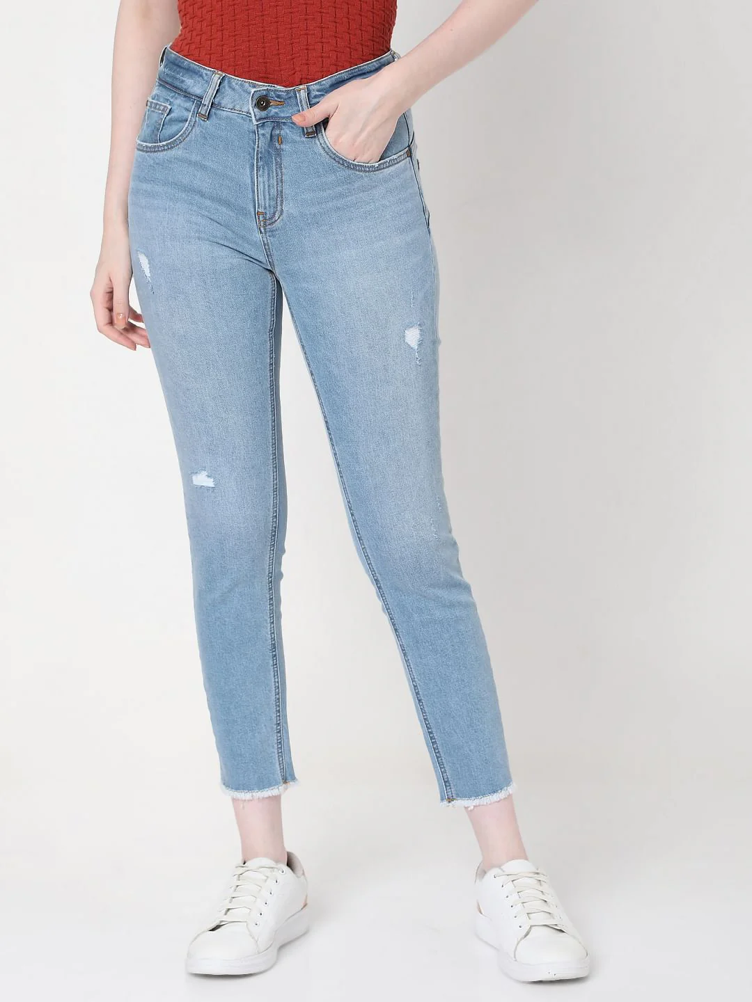 Blue Mid Rise Distressed Skinny Jeans - Image 2