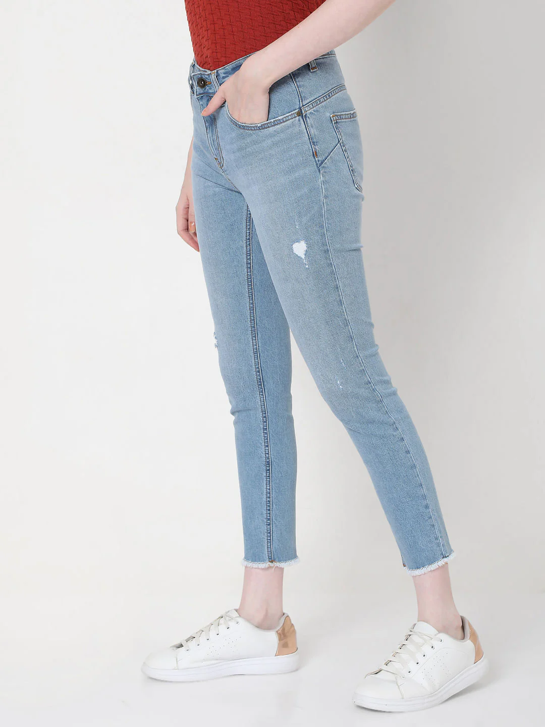 Blue Mid Rise Distressed Skinny Jeans - Image 3