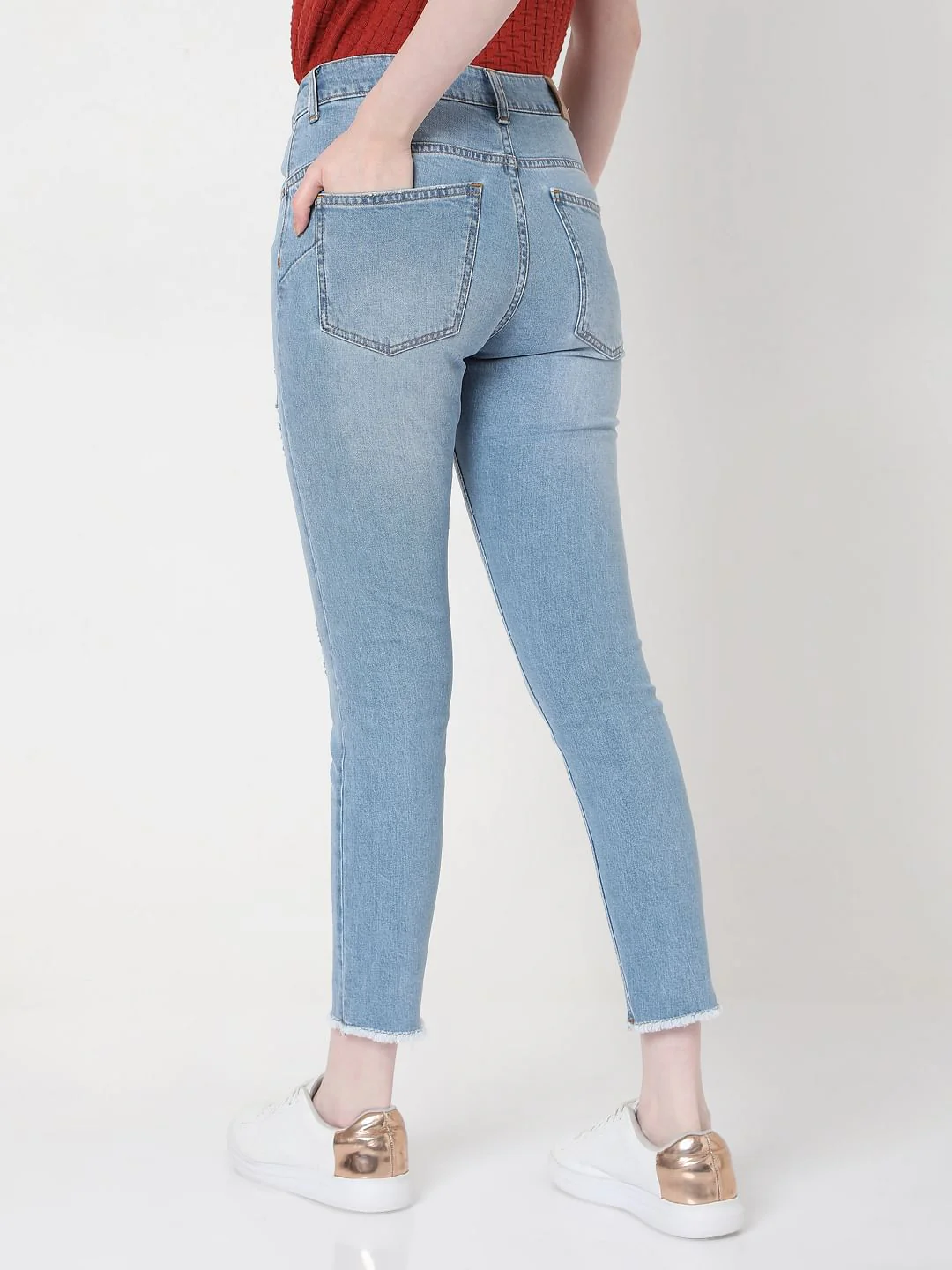 Blue Mid Rise Distressed Skinny Jeans - Image 4