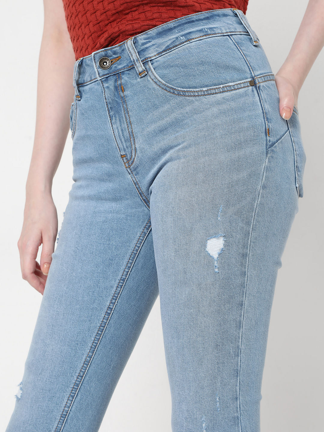 Blue Mid Rise Distressed Skinny Jeans - Image 5