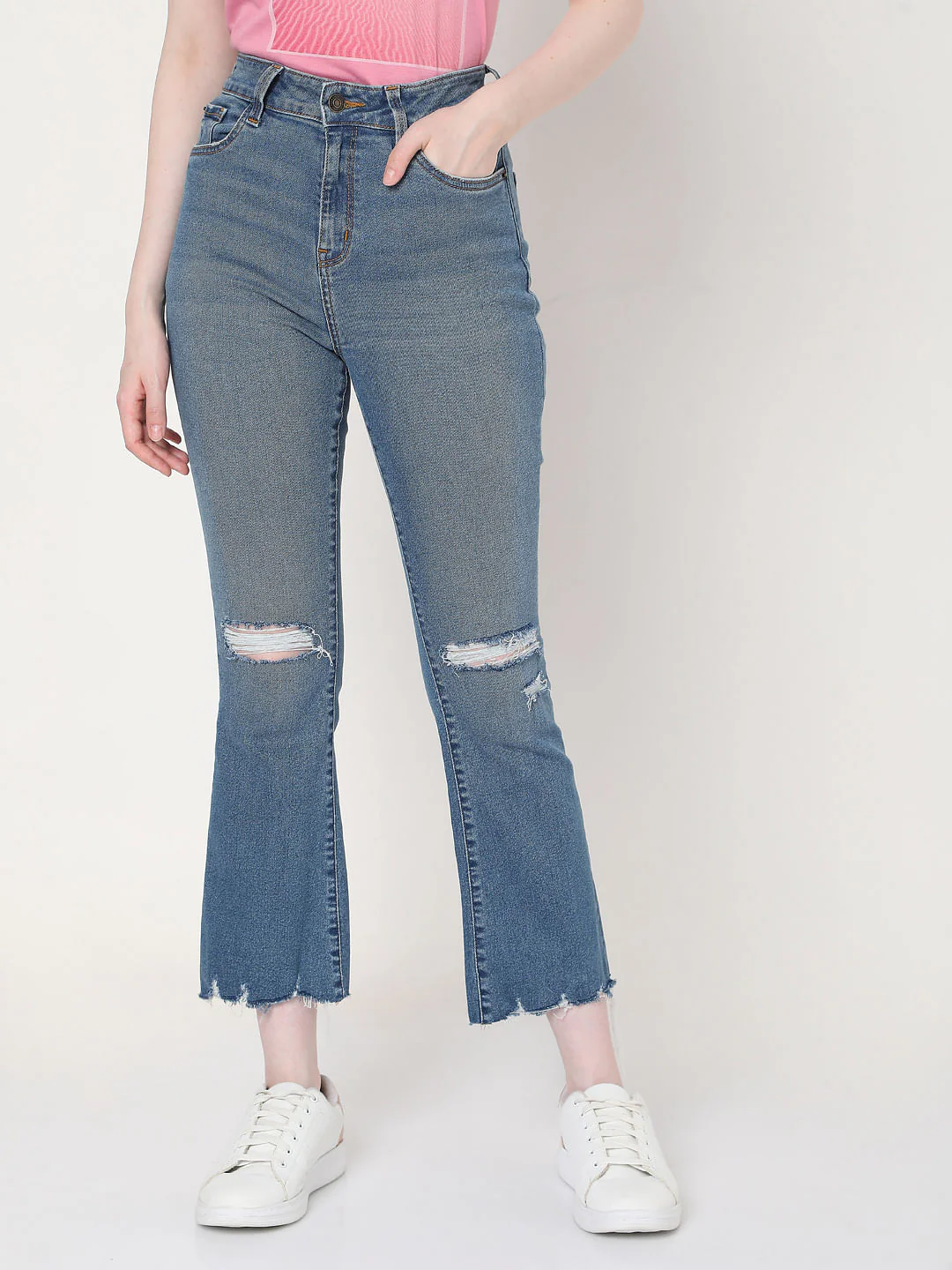 Blue Ripped Bootcut Jeans - Image 2
