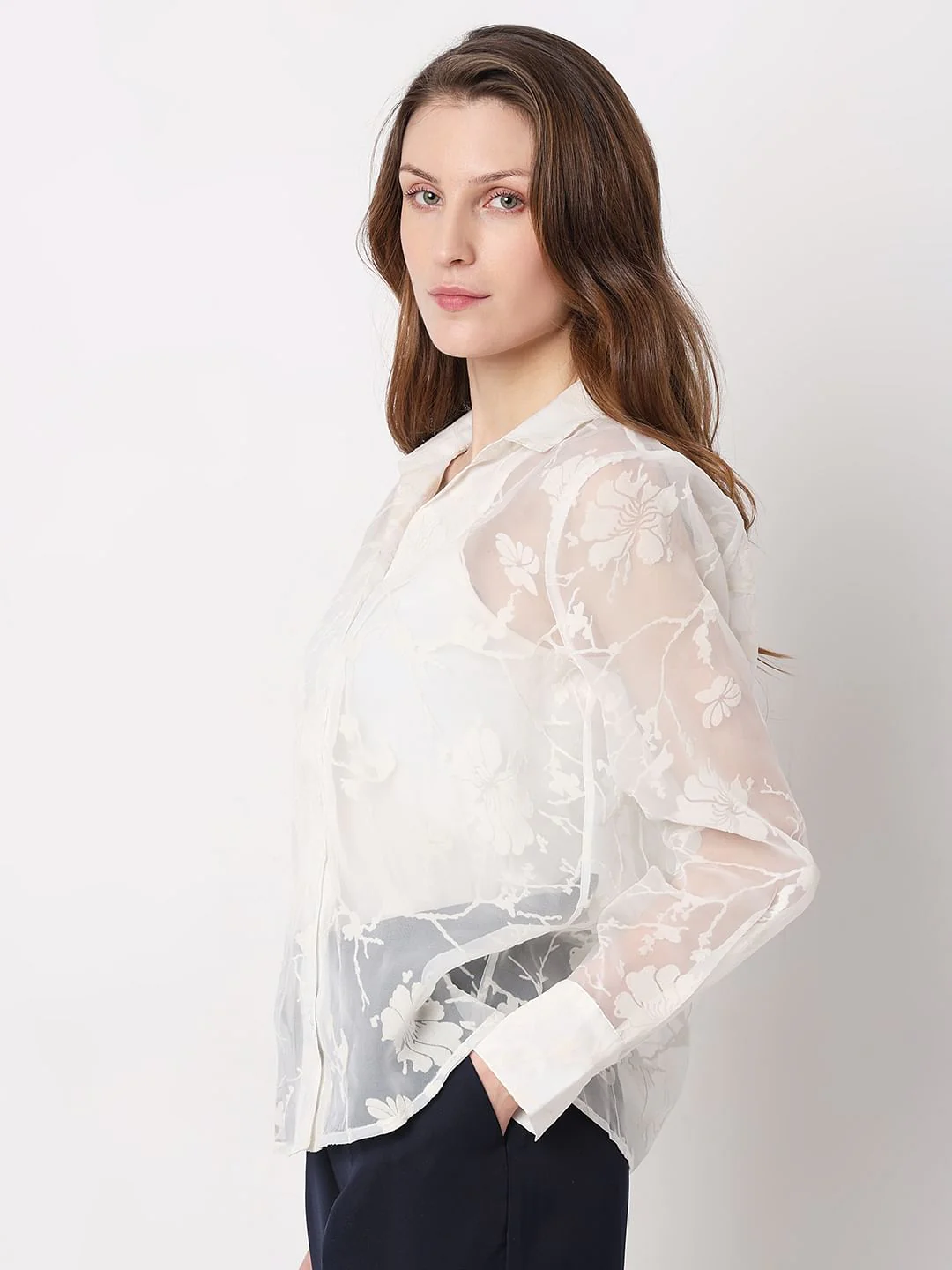 White Floral Sheer Shirt - Image 3