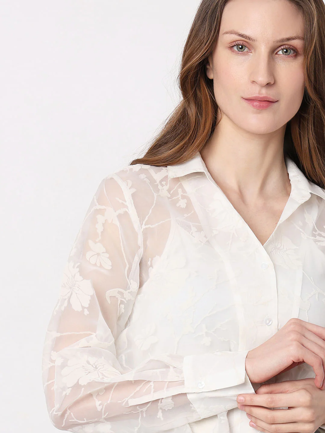 White Floral Sheer Shirt - Image 6
