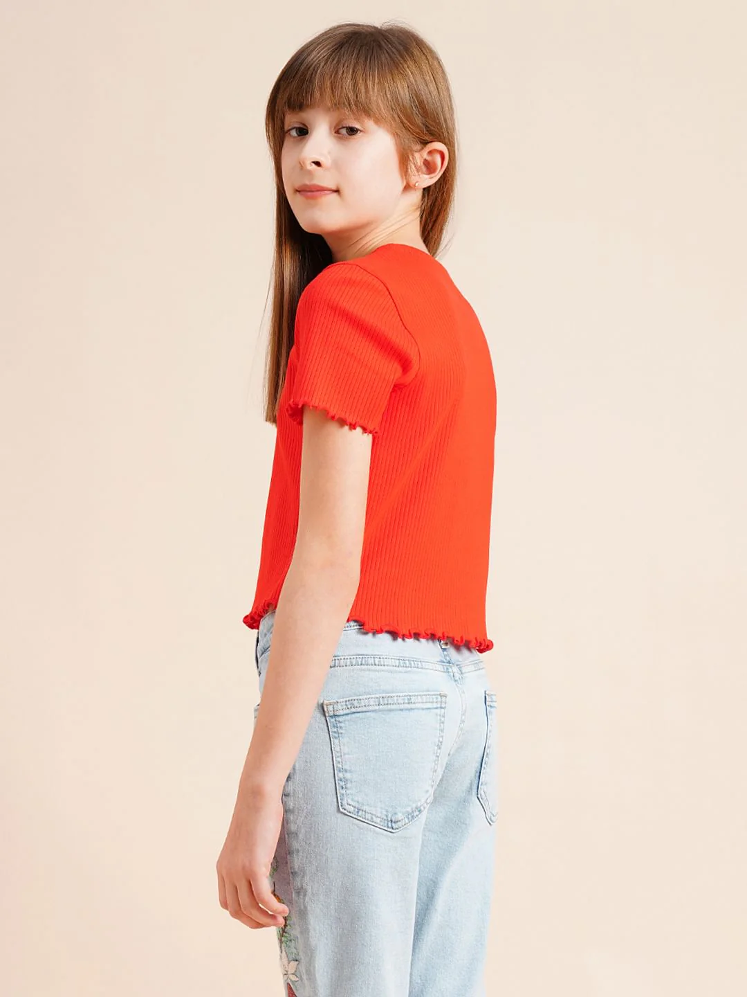 Girls Red Knitted Lettuce Hem Top - Image 3