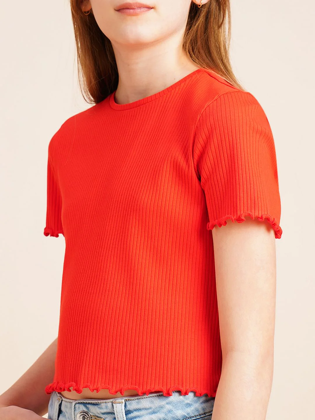 Girls Red Knitted Lettuce Hem Top - Image 4
