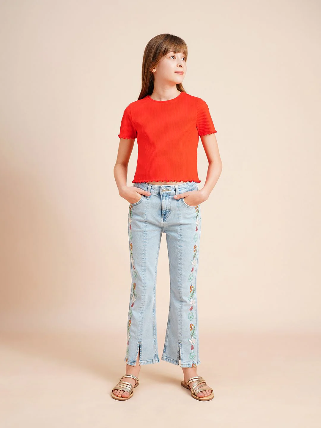 Girls Red Knitted Lettuce Hem Top - Image 5