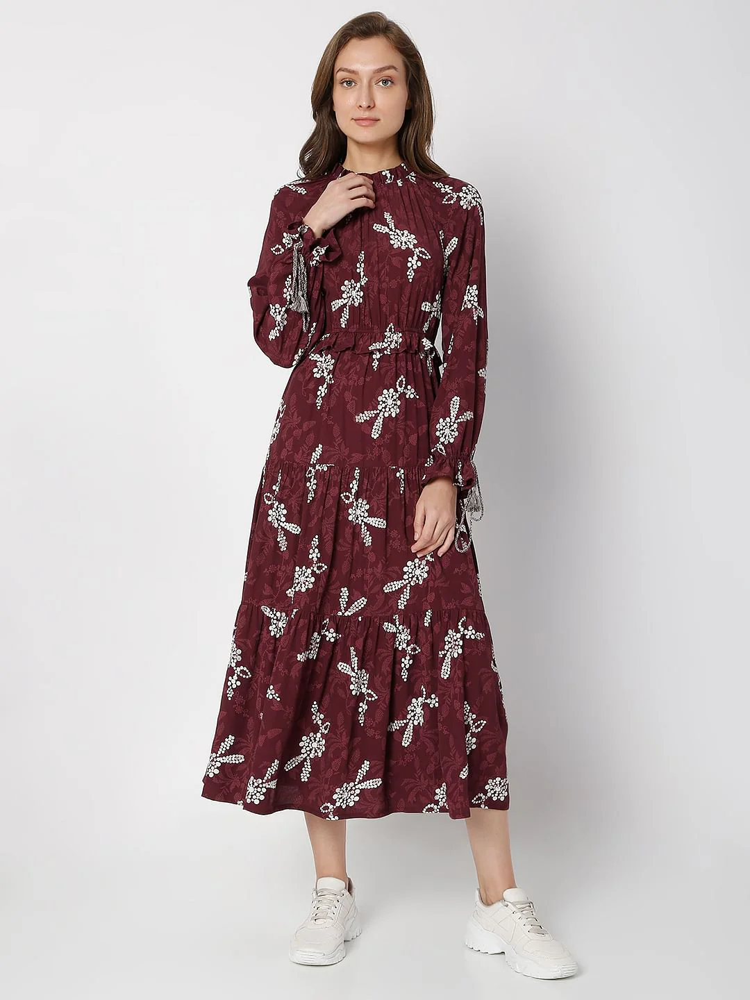 Maroon Floral Tiered Midi Dress - Image 2