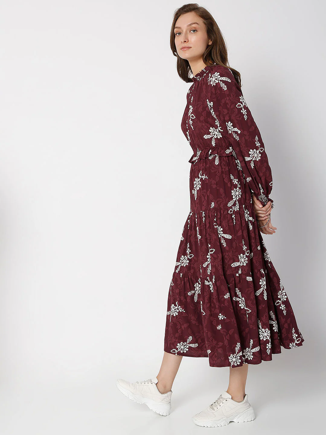 Maroon Floral Tiered Midi Dress - Image 3