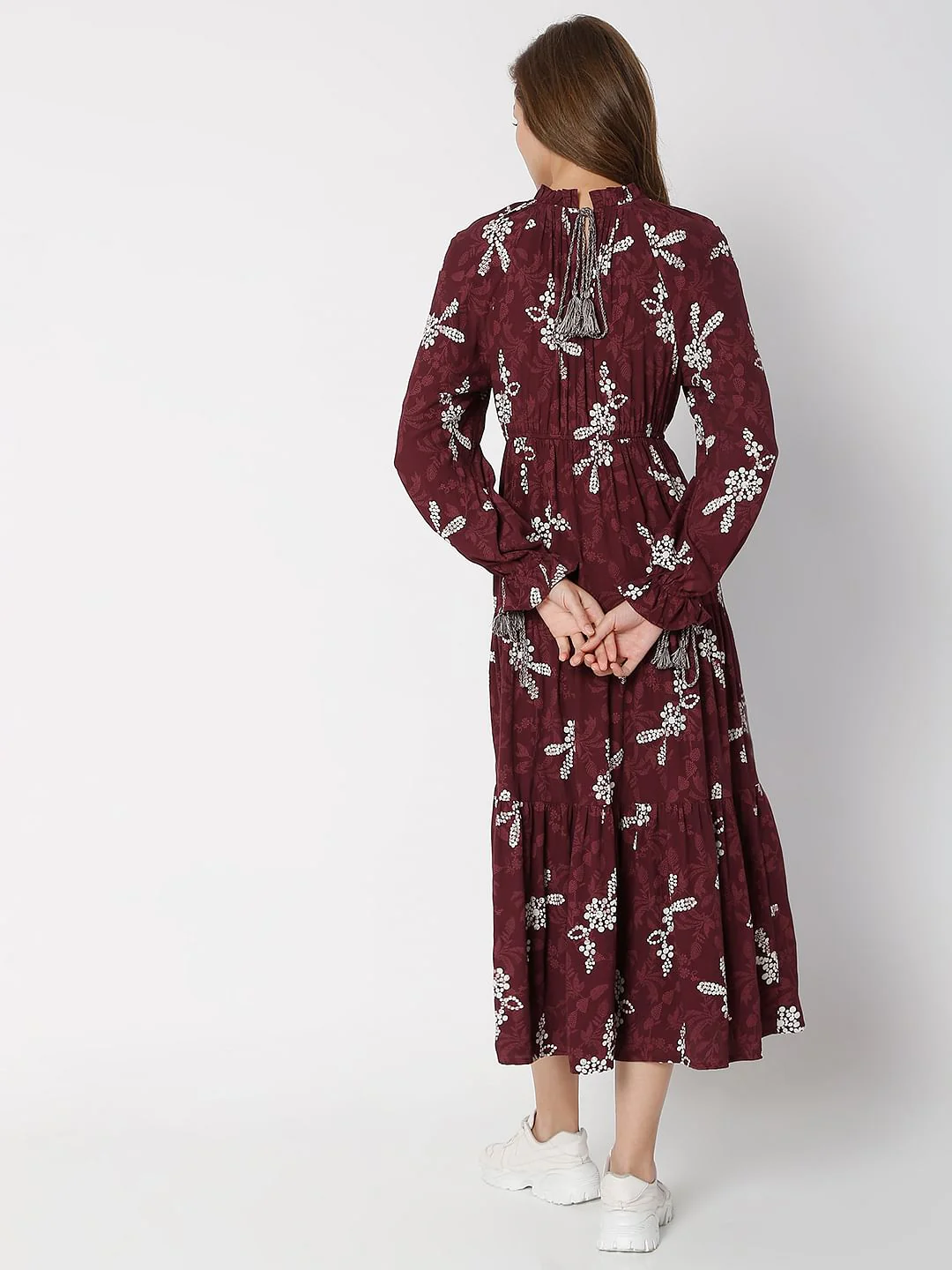 Maroon Floral Tiered Midi Dress - Image 4