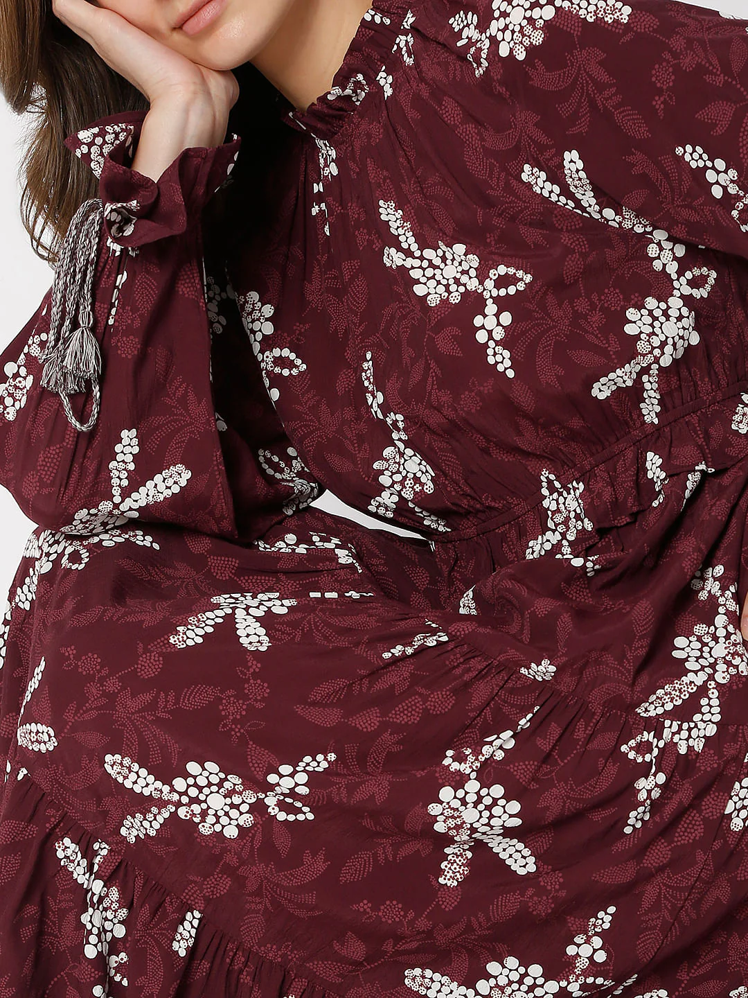 Maroon Floral Tiered Midi Dress - Image 5