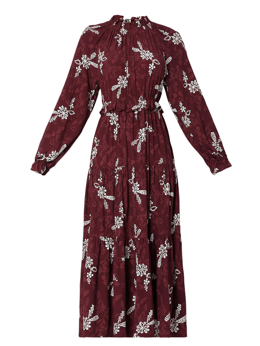 Maroon Floral Tiered Midi Dress - Image 6