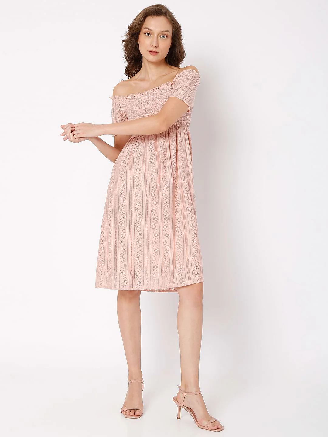 Pink Off-Shoulder Smocked Dress - Image 5