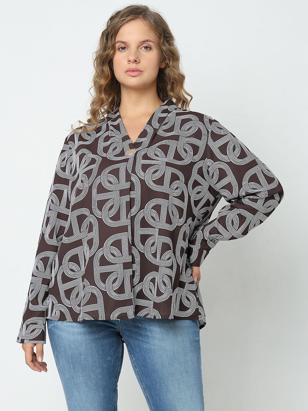 Curve Brown Abstract Print Top - Image 2