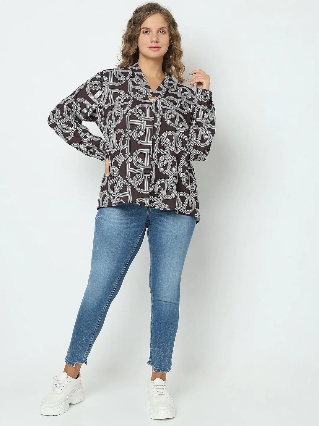 Curve Brown Abstract Print Top - Image 5