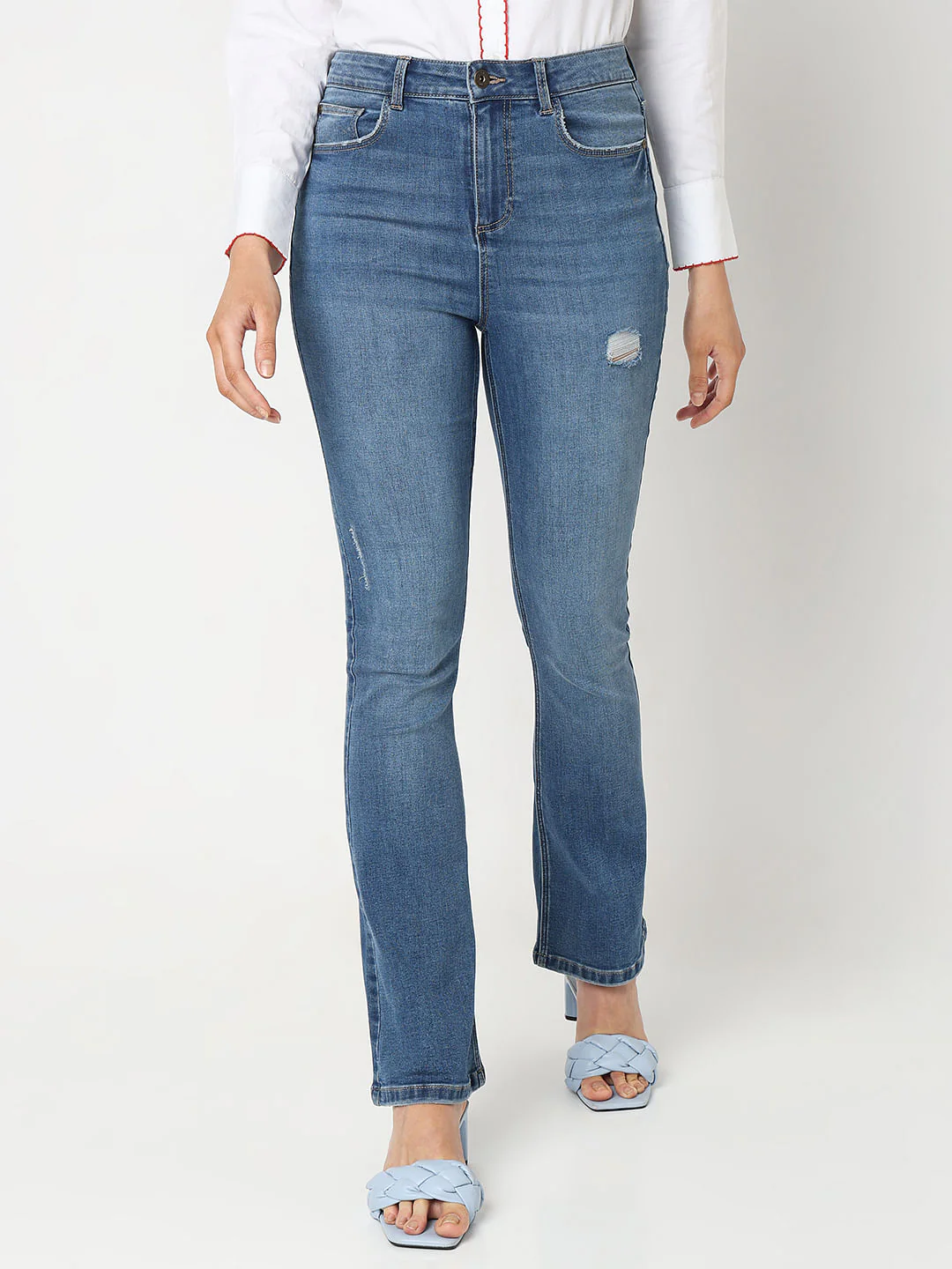 Blue Mid Rise Mildly Distressed Petra Bootcut Jeans - Image 2