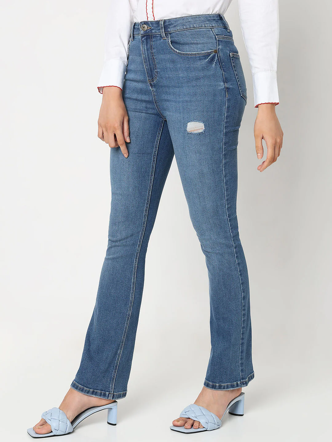 Blue Mid Rise Mildly Distressed Petra Bootcut Jeans - Image 3