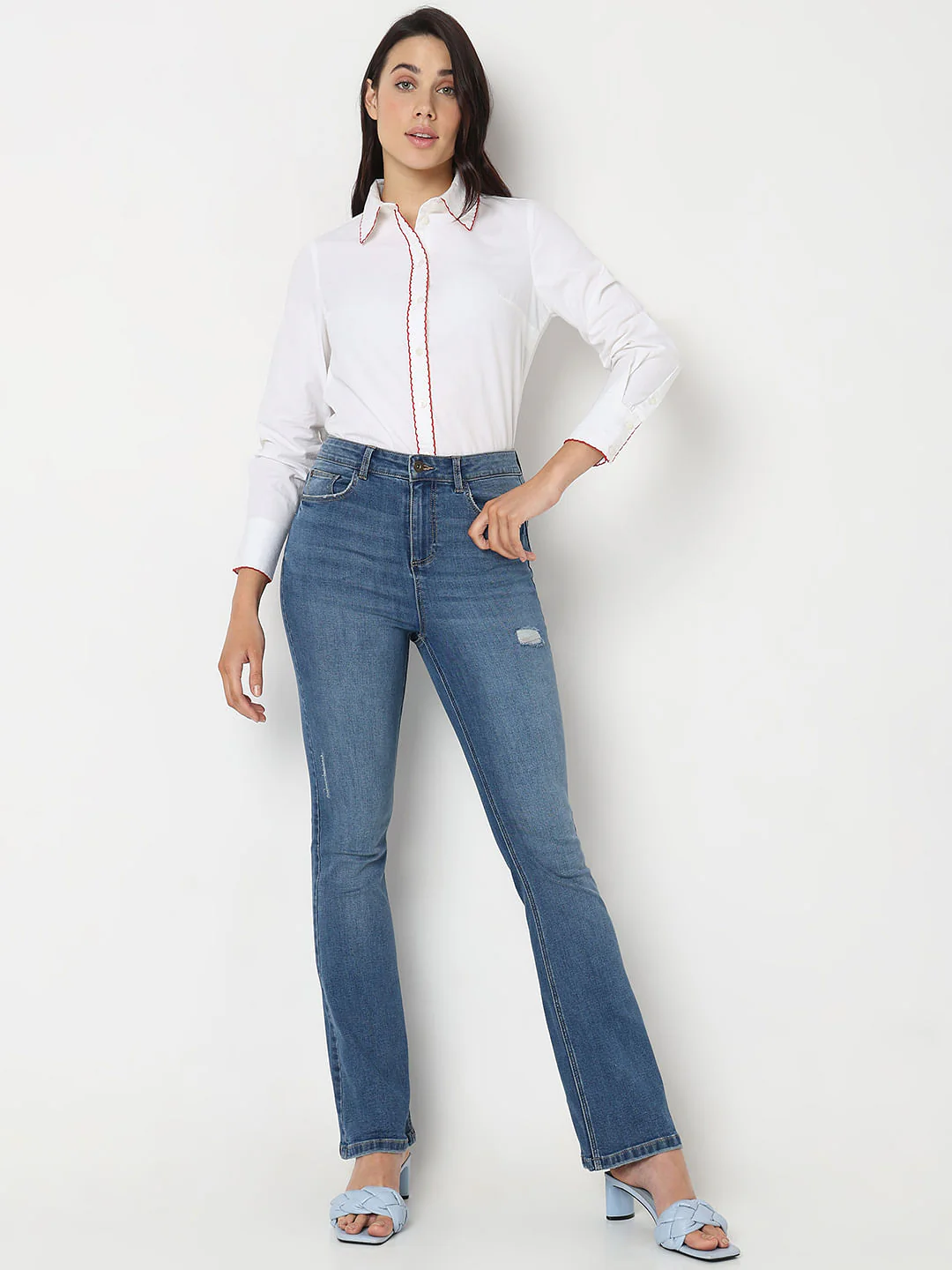 Blue Mid Rise Mildly Distressed Petra Bootcut Jeans - Image 5