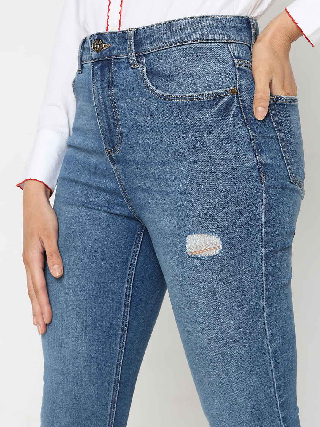 Blue Mid Rise Mildly Distressed Petra Bootcut Jeans - Image 6