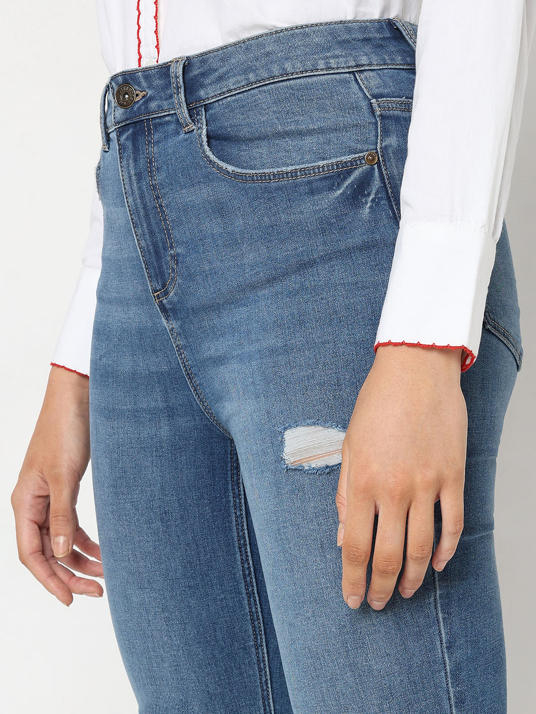 Blue Mid Rise Mildly Distressed Petra Bootcut Jeans - Image 8