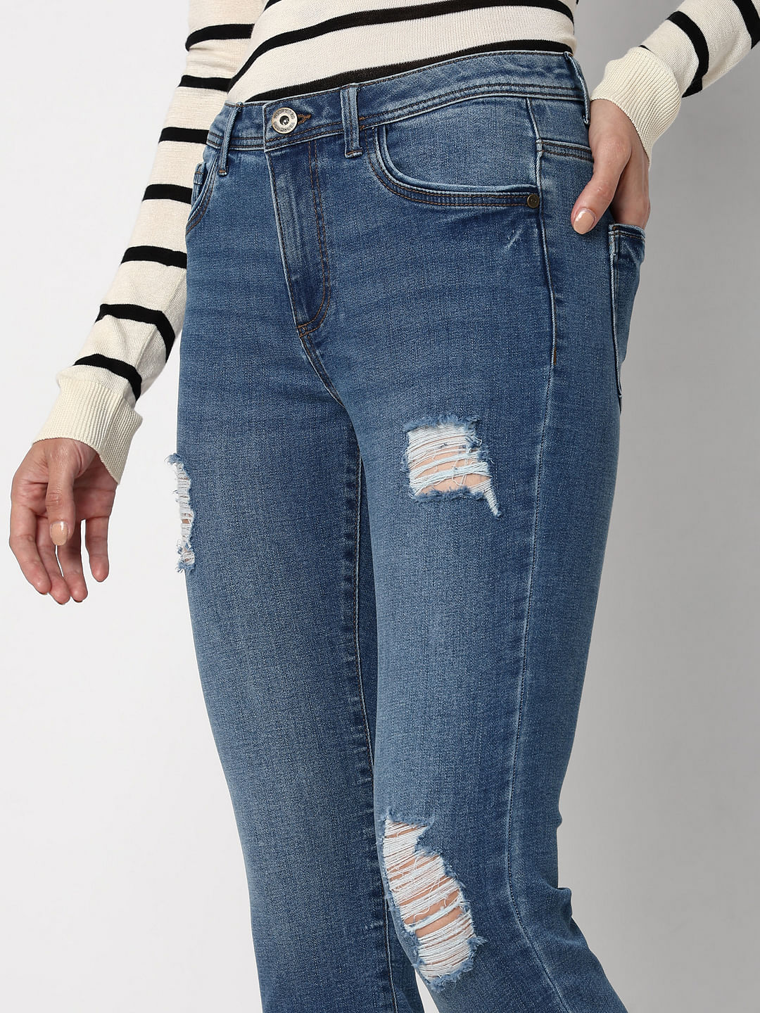 Blue Mid Rise Distressed Wendy Skinny Jeans - Image 6