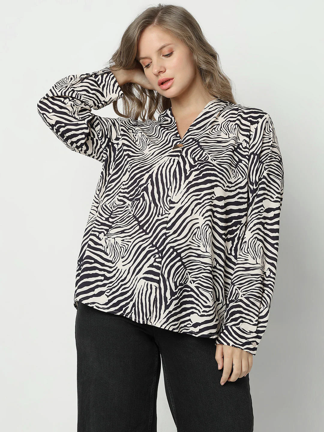 Curve Beige Printed Full Sleeves Top - Image 2