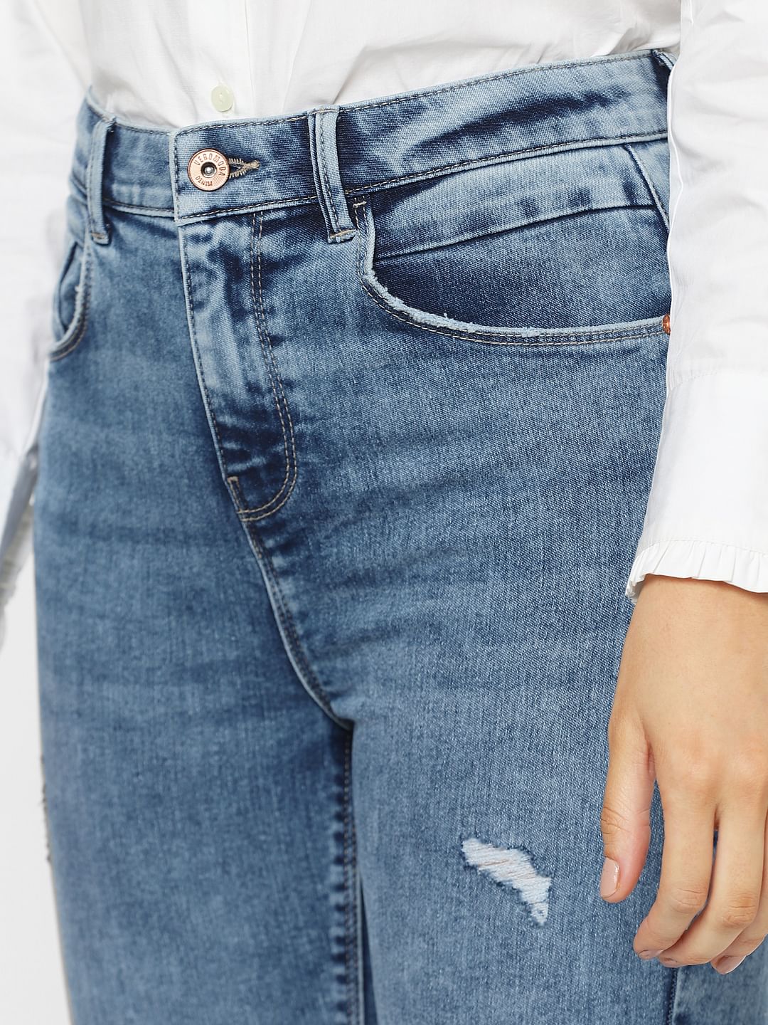 Blue Mid Rise Distressed Wendy Skinny Jeans - Image 6