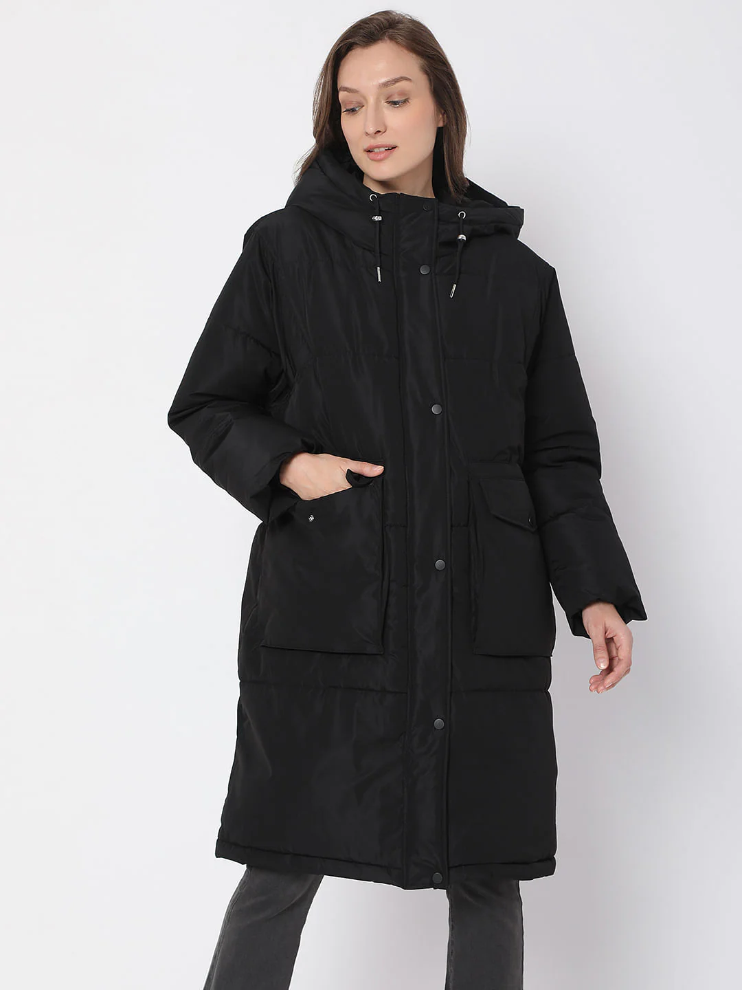 Black Hooded Long Puffer Jacket - Image 2