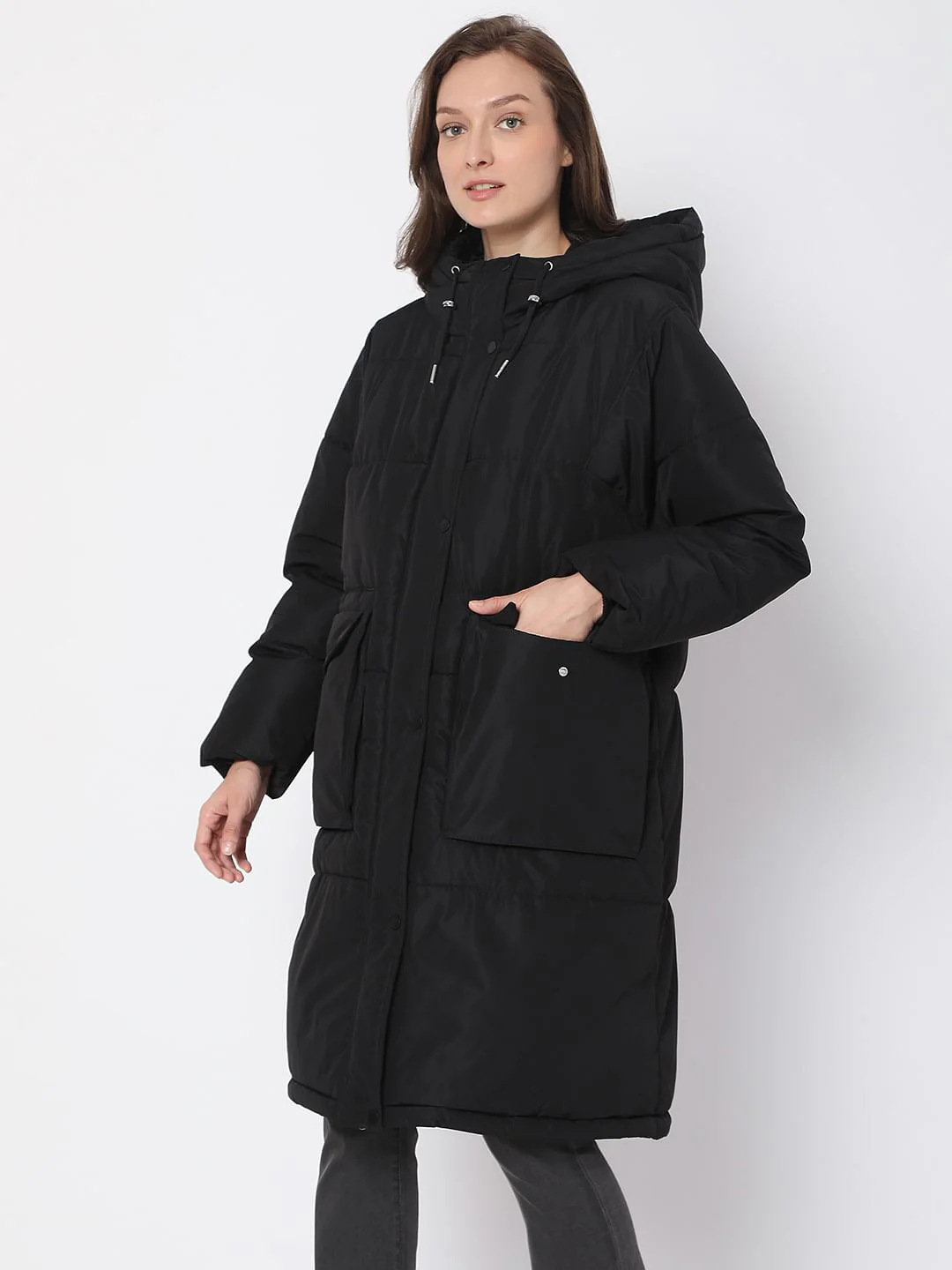 Black Hooded Long Puffer Jacket - Image 3