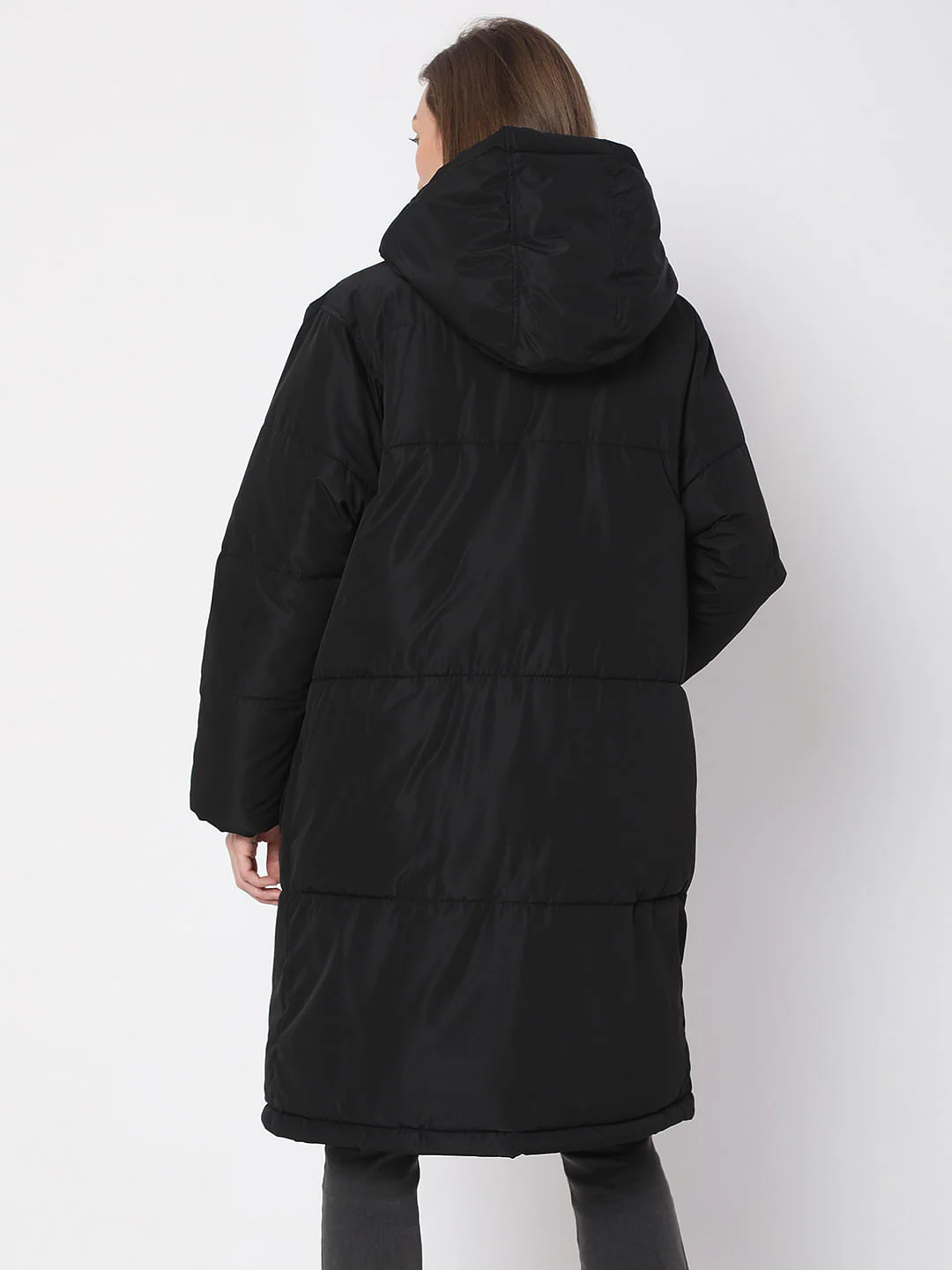 Black Hooded Long Puffer Jacket - Image 4