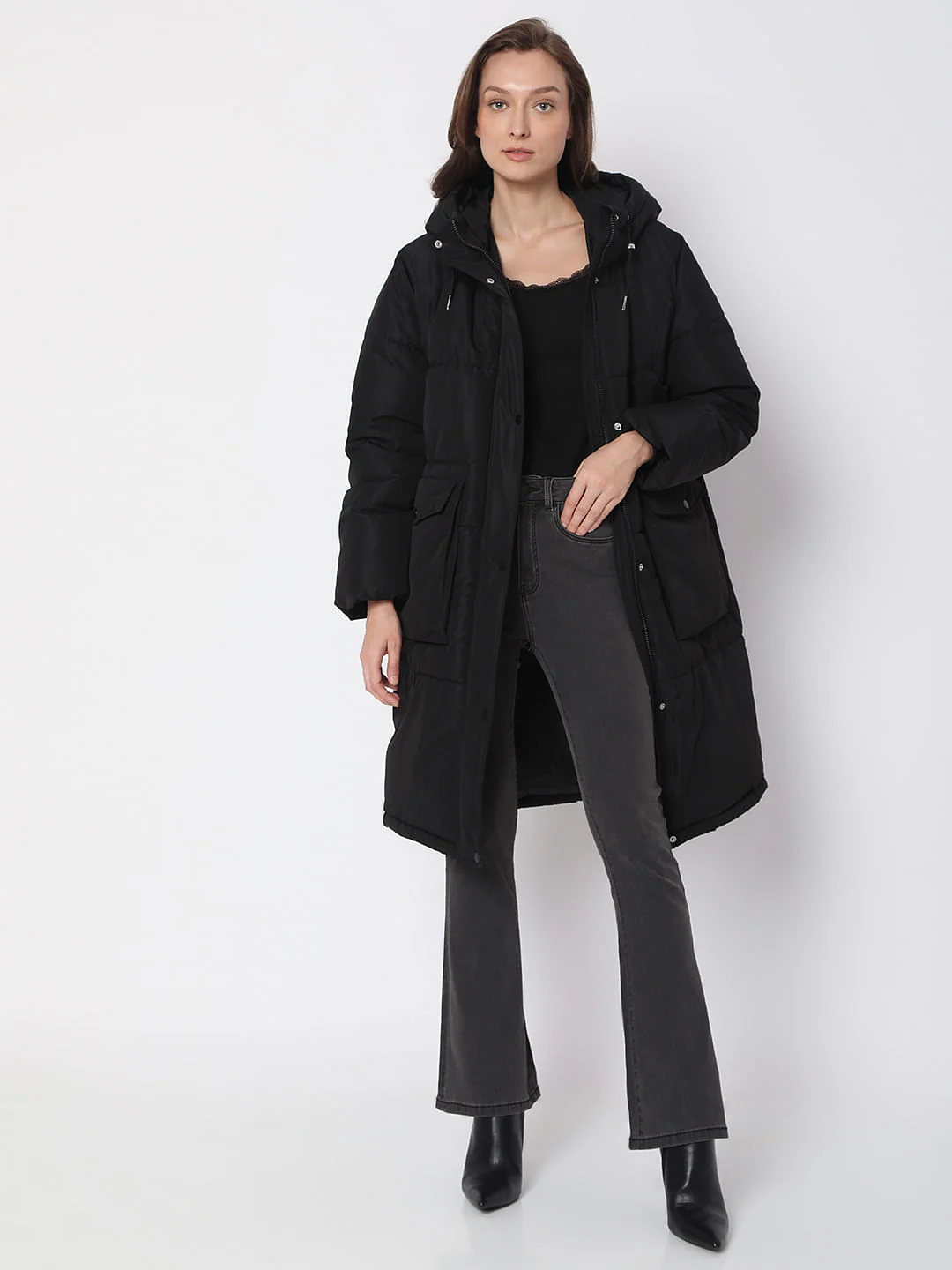 Black Hooded Long Puffer Jacket - Image 5