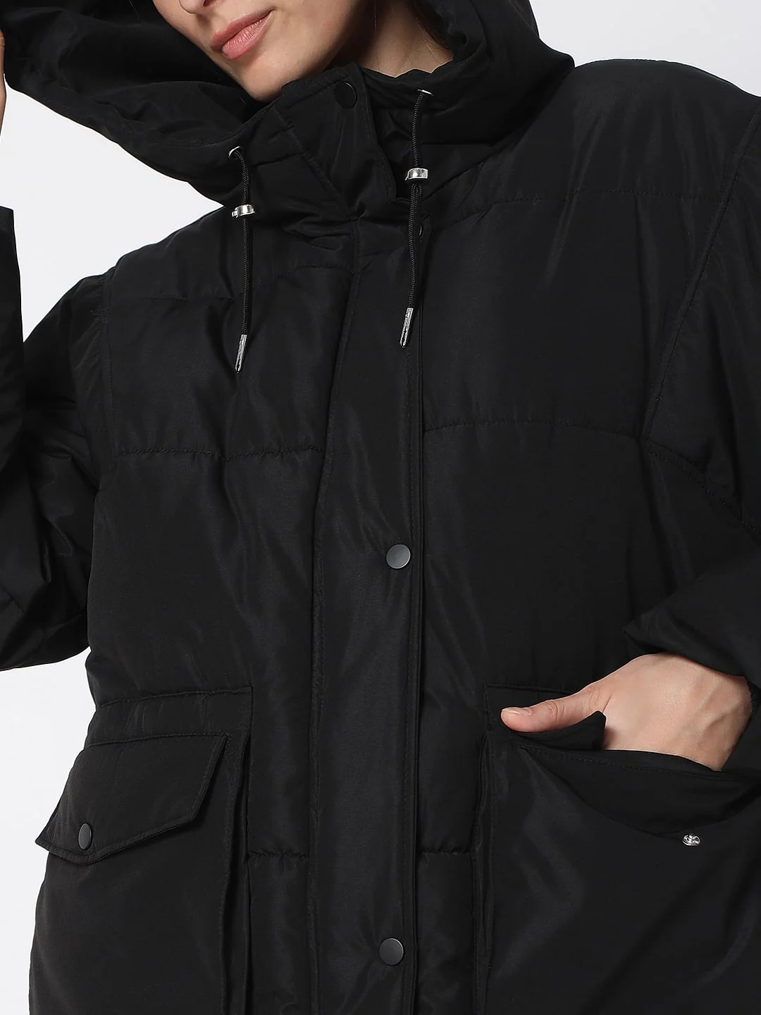 Black Hooded Long Puffer Jacket - Image 6