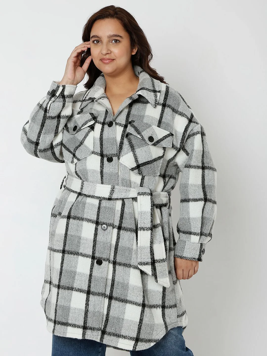 Curve Grey Check Long Overcoat - Image 2