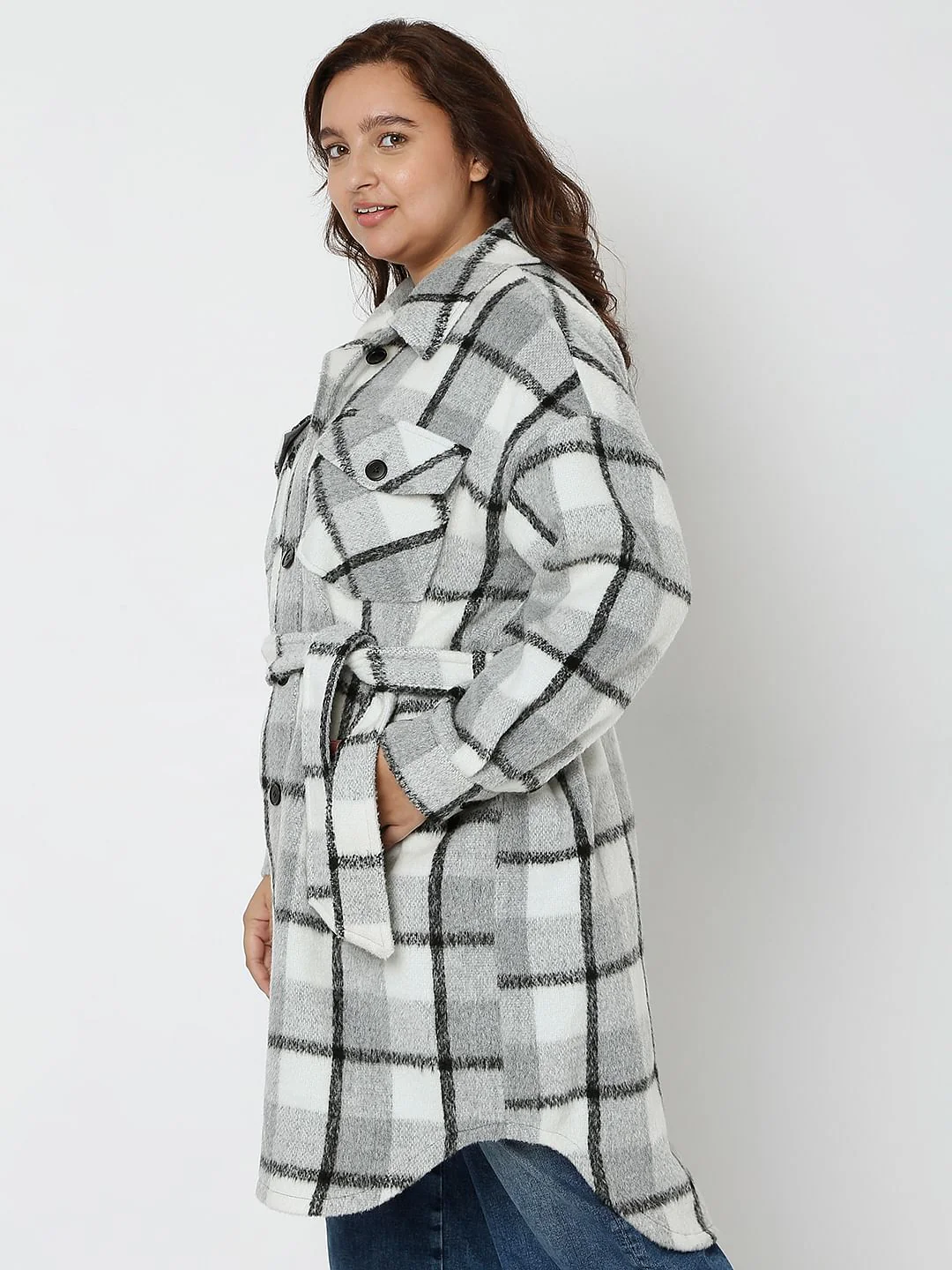 Curve Grey Check Long Overcoat - Image 3