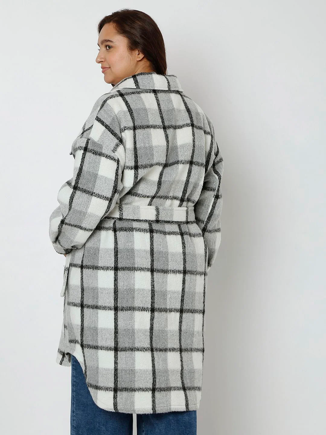 Curve Grey Check Long Overcoat - Image 4
