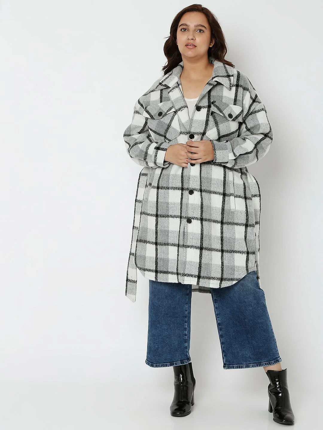 Curve Grey Check Long Overcoat - Image 5