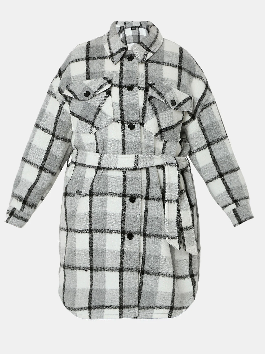 Curve Grey Check Long Overcoat - Image 7