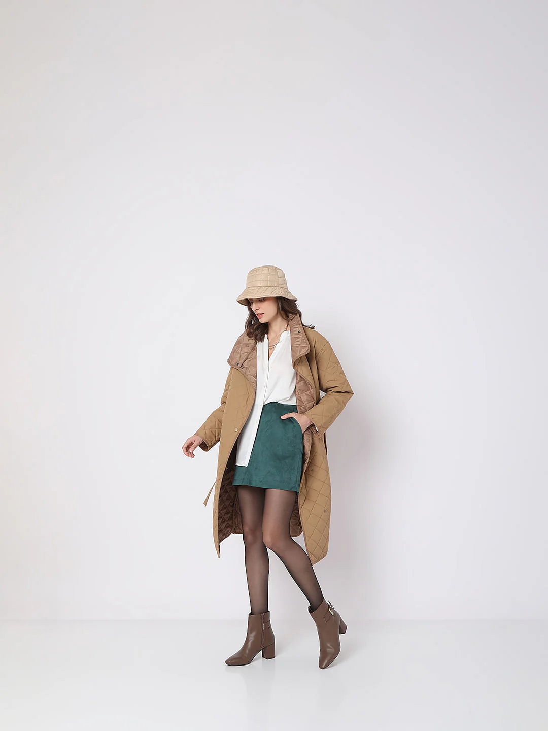 Brown High Neck Puffer Long Jacket