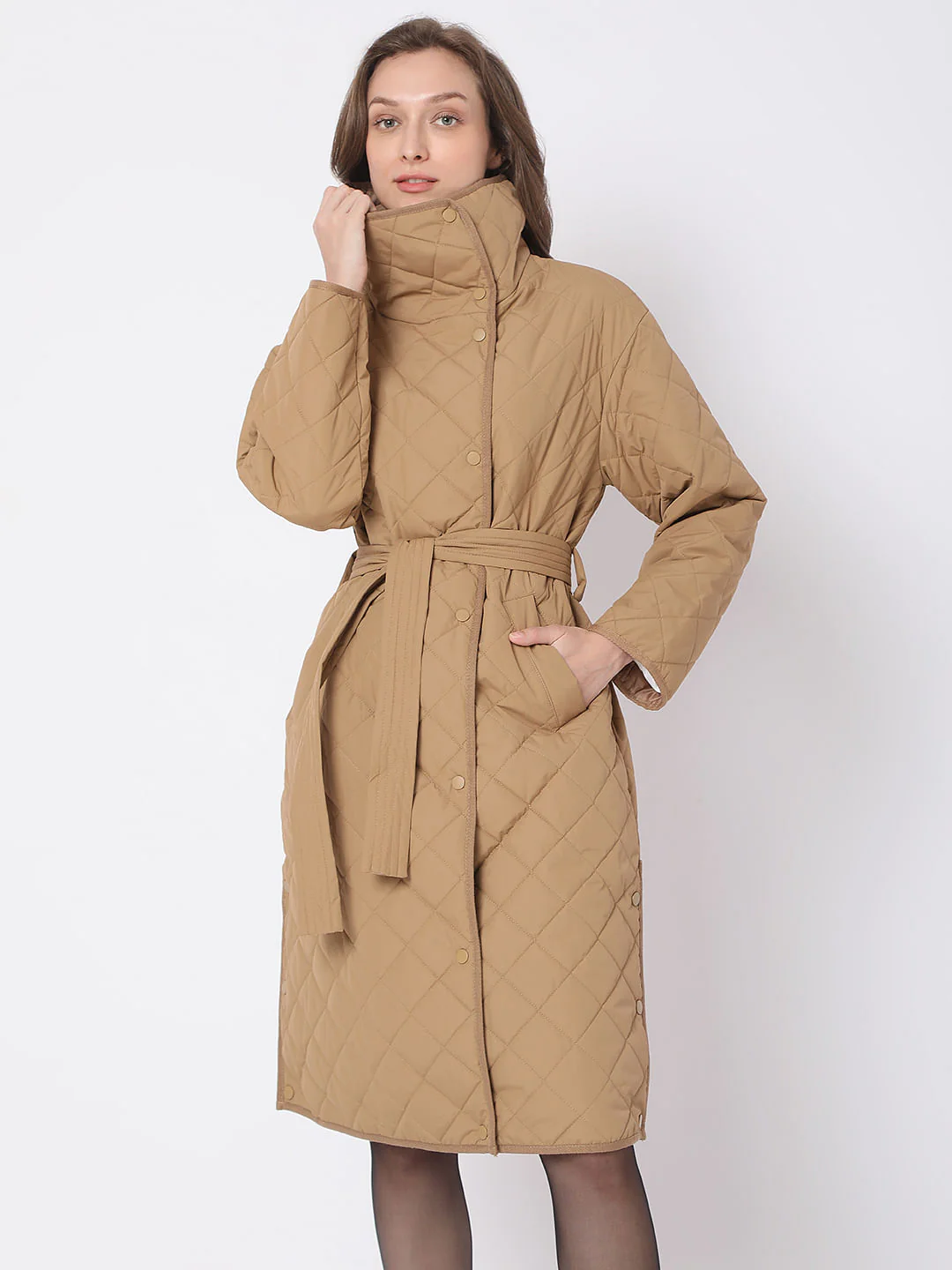 Brown High Neck Puffer Long Jacket - Image 2