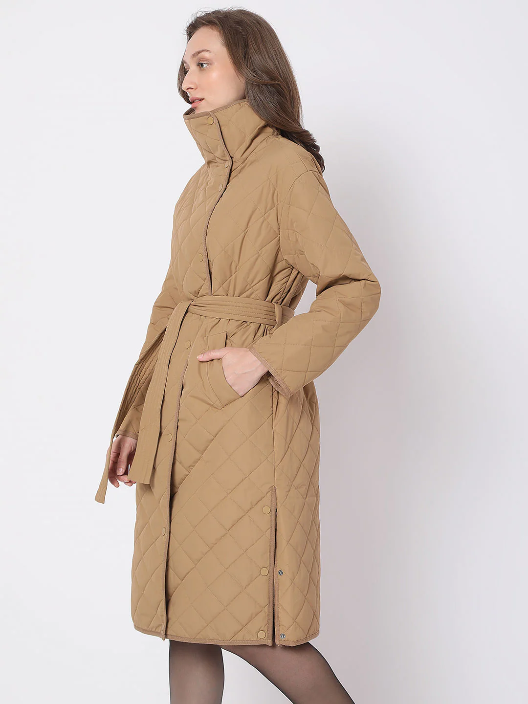 Brown High Neck Puffer Long Jacket - Image 3