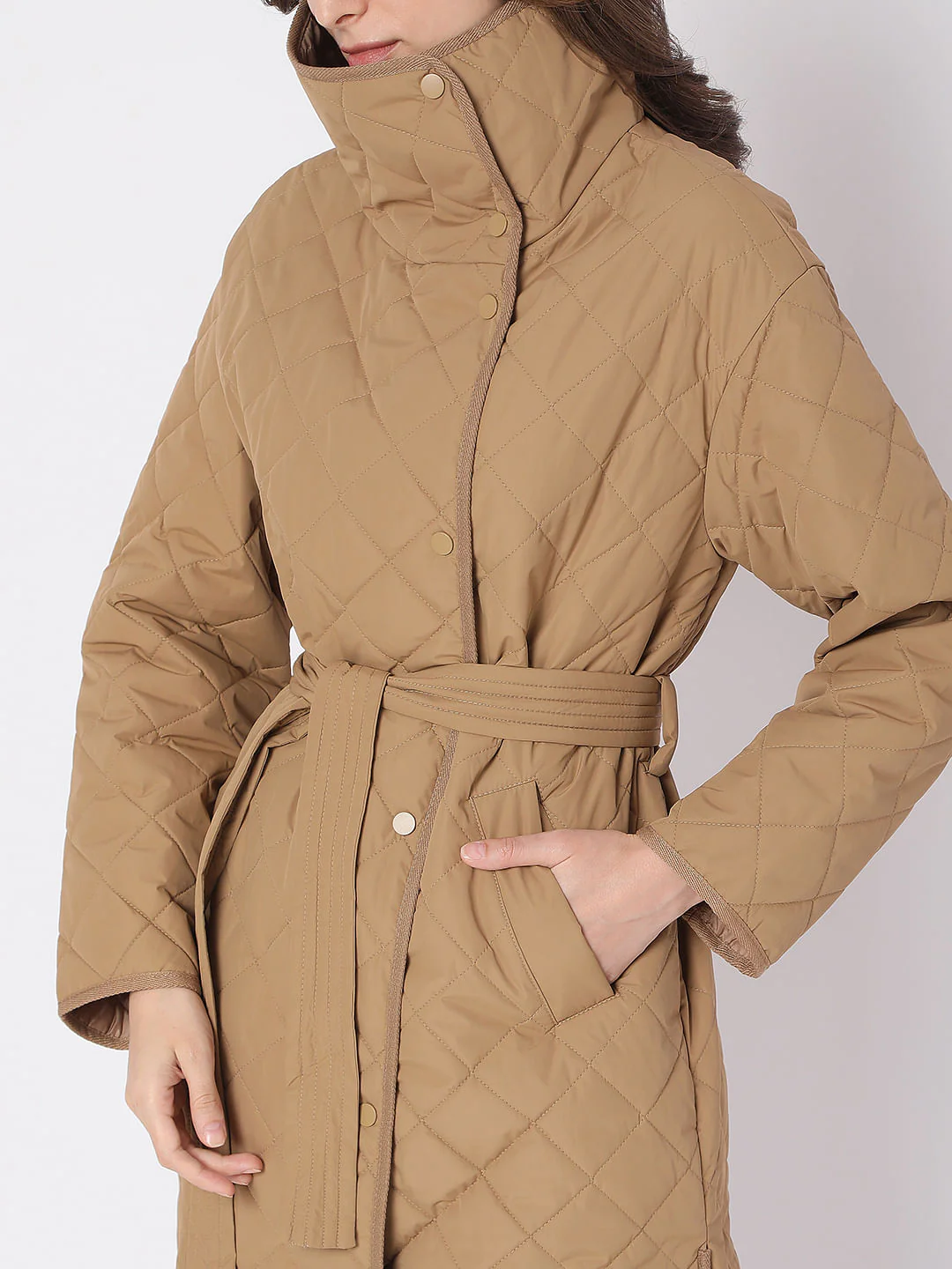 Brown High Neck Puffer Long Jacket - Image 6