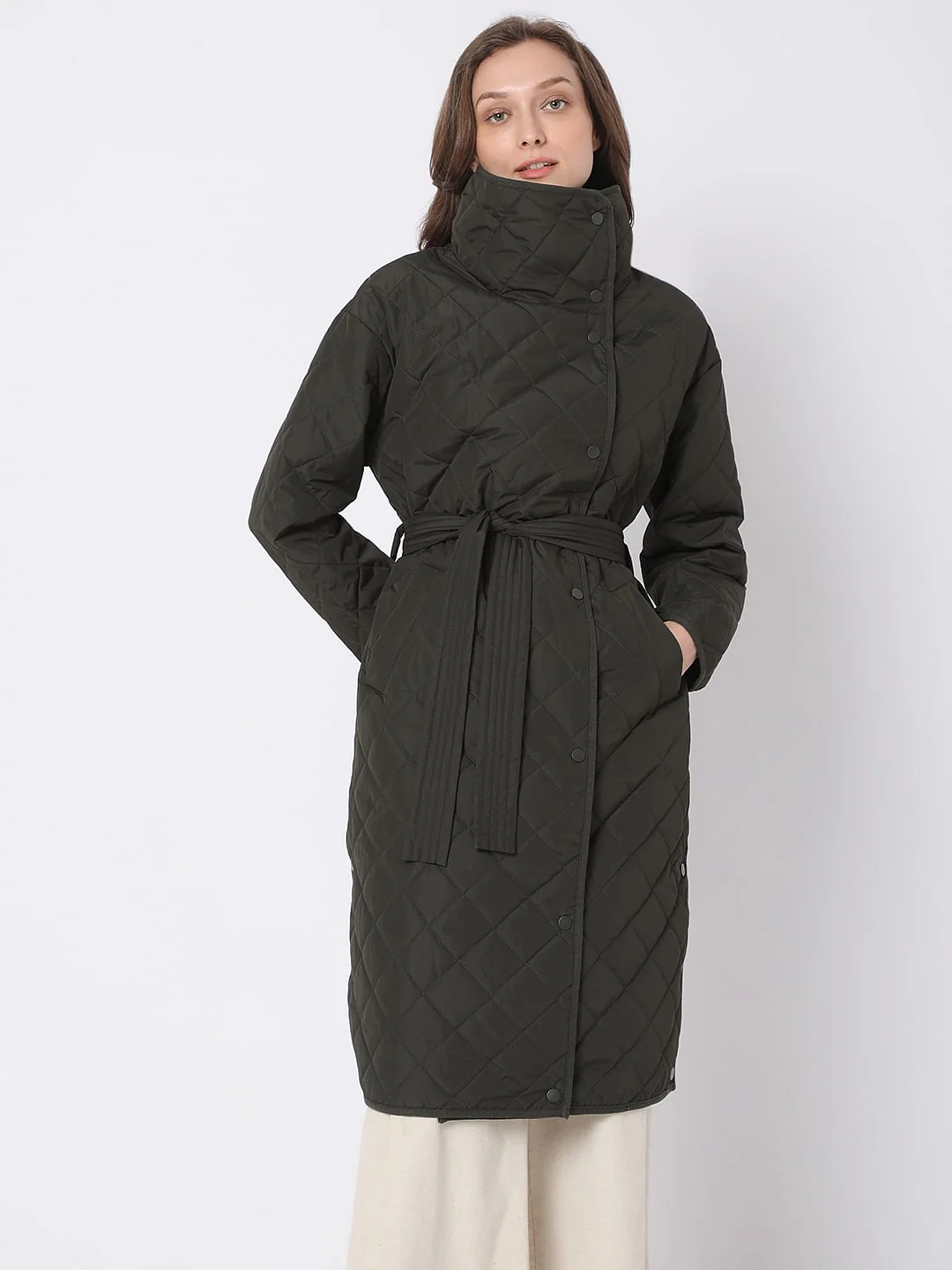 Dark Green High Neck Puffer Long Jacket - Image 2