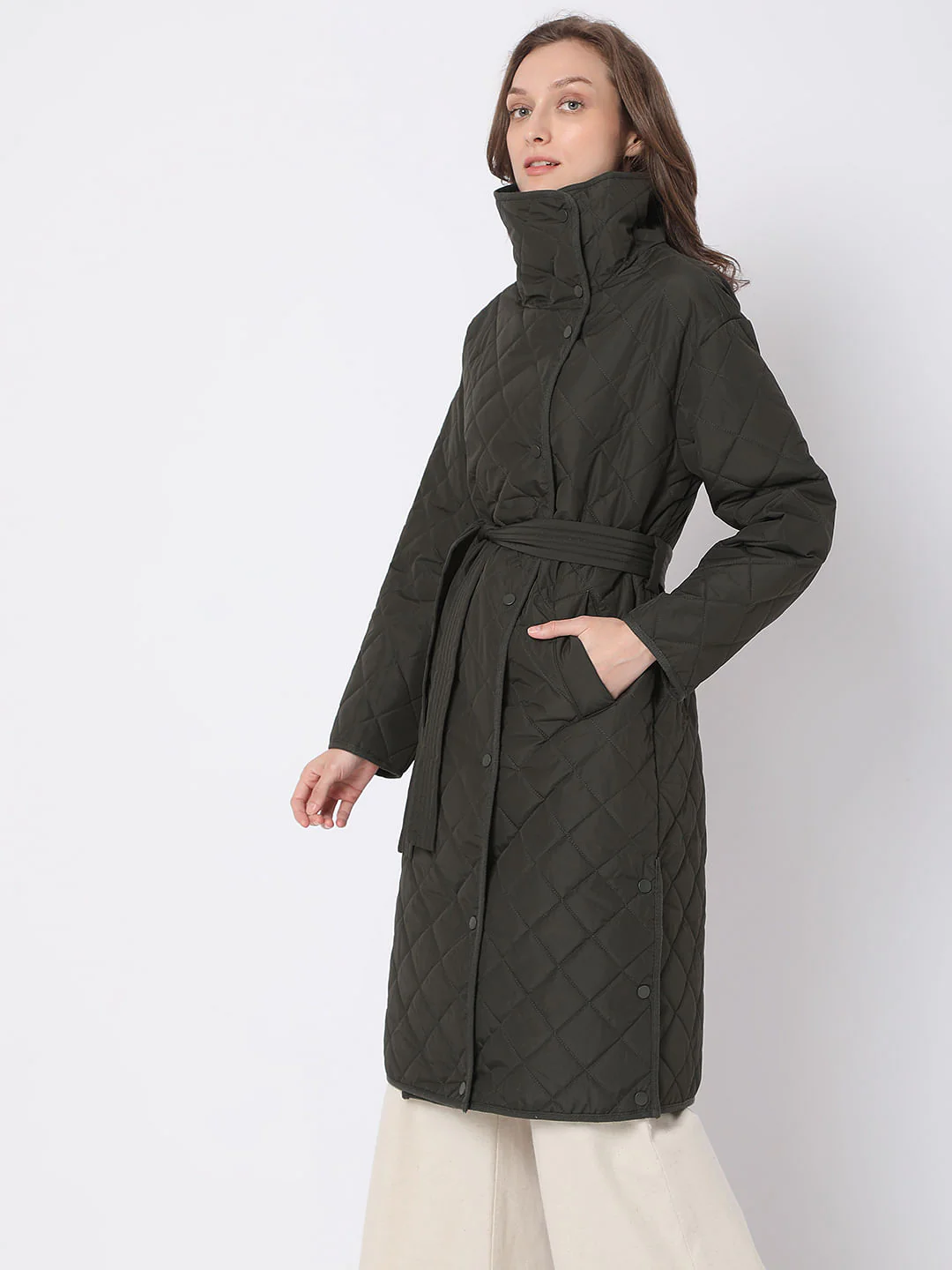 Dark Green High Neck Puffer Long Jacket - Image 3