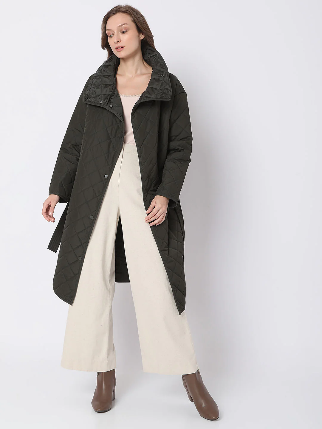 Dark Green High Neck Puffer Long Jacket - Image 5