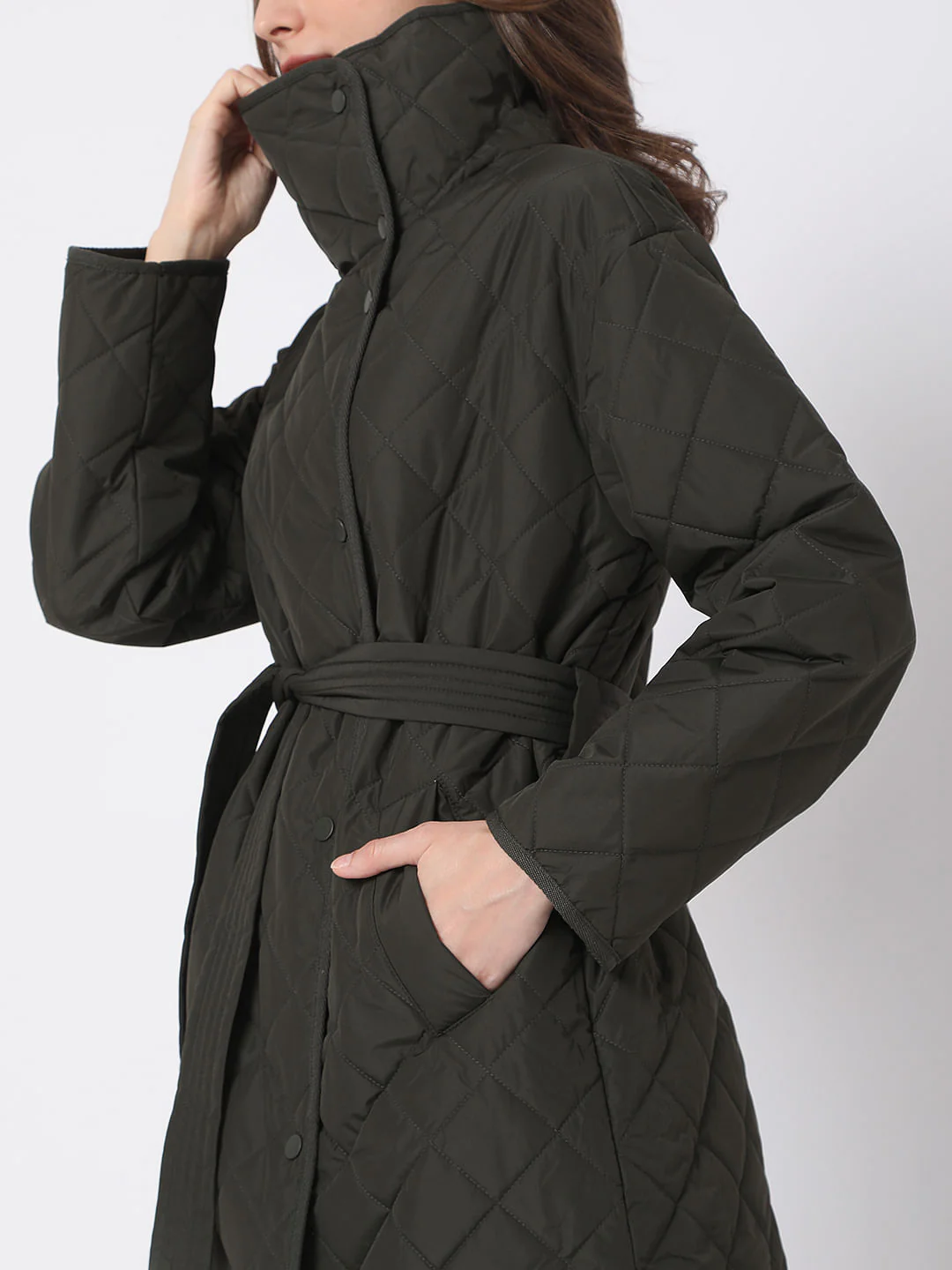 Dark Green High Neck Puffer Long Jacket - Image 6
