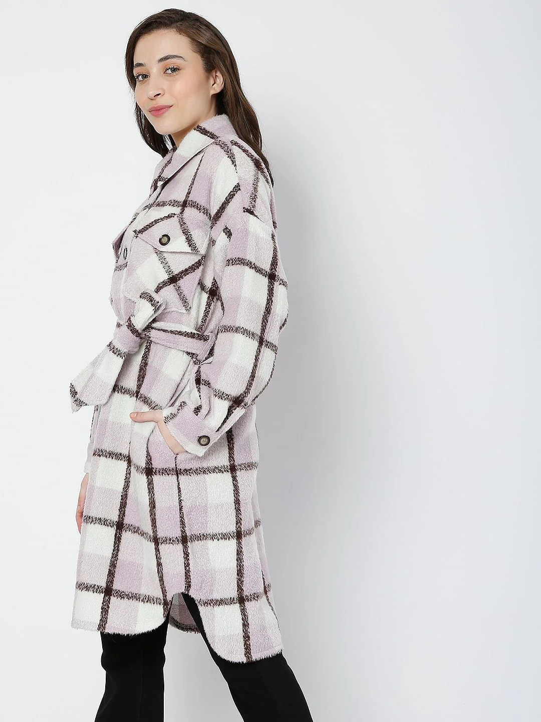Purple Check Print Coat - Image 3