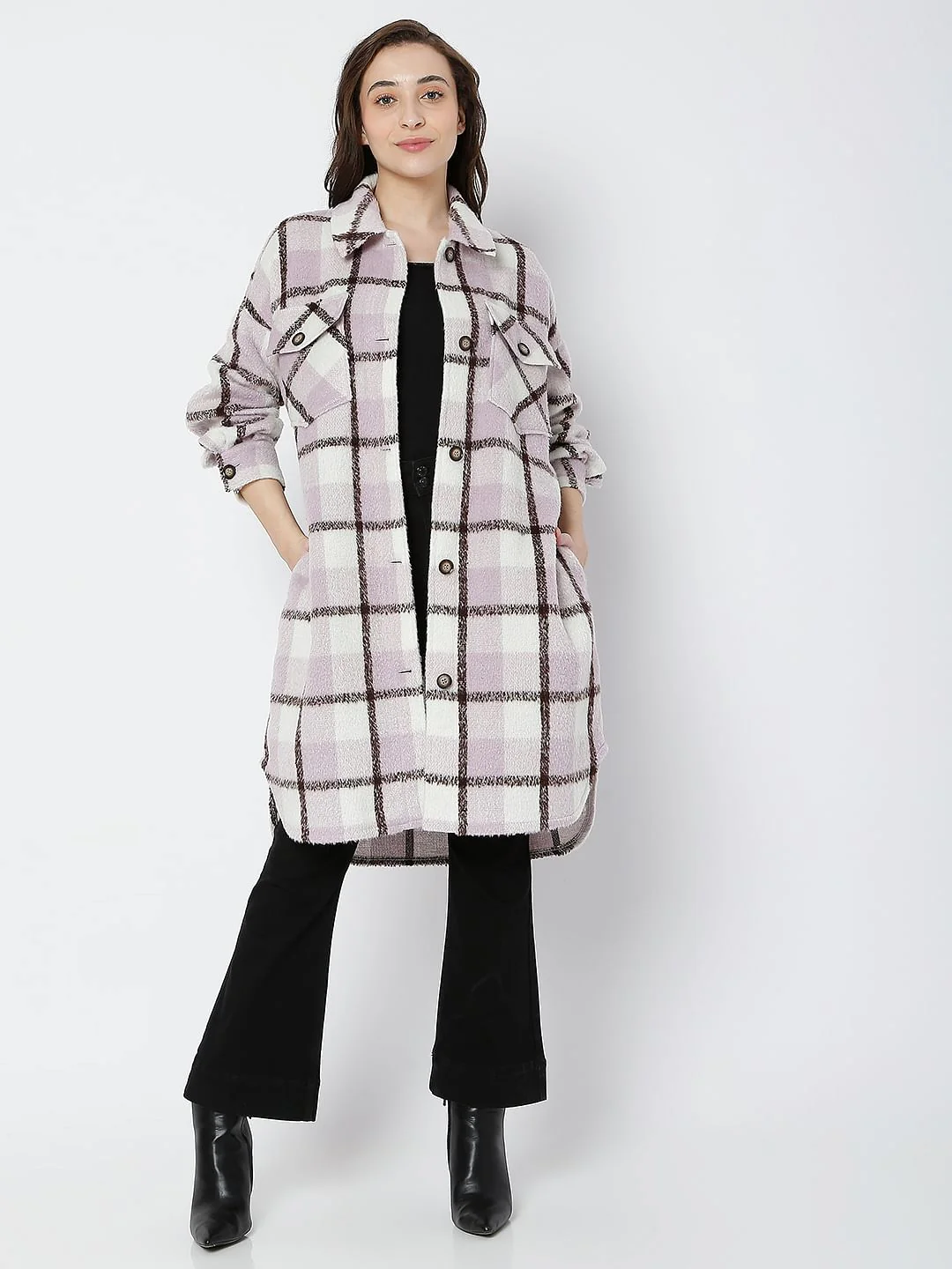 Purple Check Print Coat - Image 5